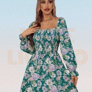 Elegant Floral A-Line Dress with Square Collar and Petal Sleeves - Boho Summer Style 2022