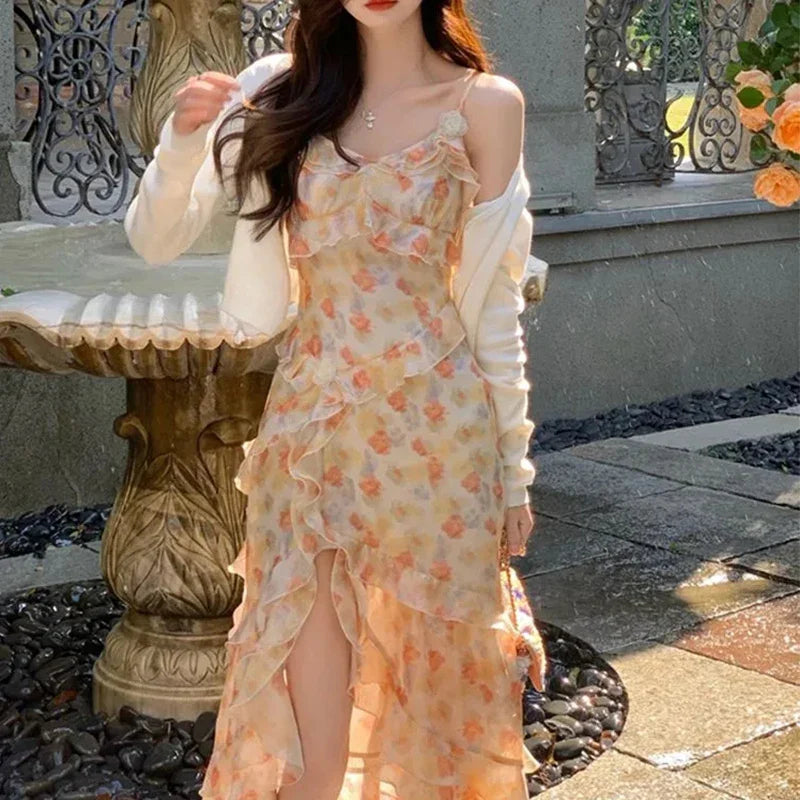 Elegant Floral Chiffon Dress with V Neck and Slit - Vintage Spring Summer 2024 Y2K Style