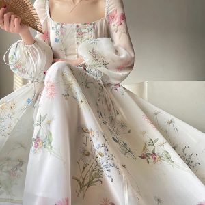 Elegant Floral Chiffon Midi Dress with Long Sleeves - Perfect for Y2K Aesthetic Summer Parties