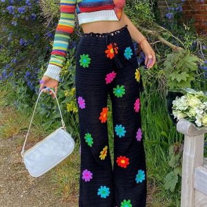 Elegant Floral Crochet Knitted Wide Leg Pants for Women - High Waist See-Through Beach Style