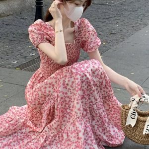 Elegant Floral Folds Dress - Simple Seductive Korean Style for All-Match Autumn Vacations