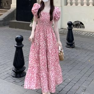 Elegant Floral Folds Dress - Simple Seductive Korean Style for All-Match Autumn Vacations