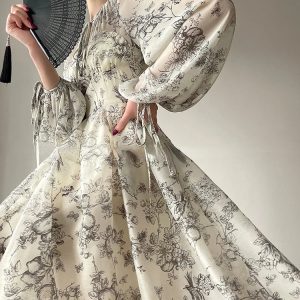 Elegant Floral Midi Dress for Women - Y2K Aesthetic Long Sleeve Sundress for Summer Parties