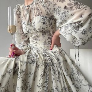 Elegant Floral Midi Dress for Women - Y2K Aesthetic Long Sleeve Sundress for Summer Parties