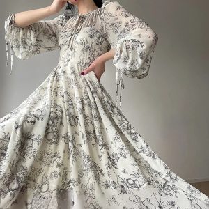 Elegant Floral Midi Dress for Women - Y2K Aesthetic Long Sleeve Sundress for Summer Parties