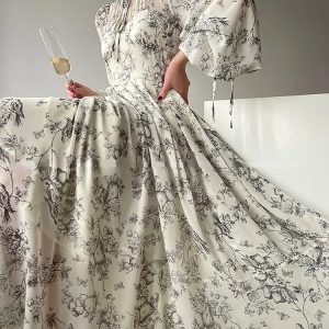 Elegant Floral Midi Dress for Women - Y2K Aesthetic Long Sleeve Sundress for Summer Parties