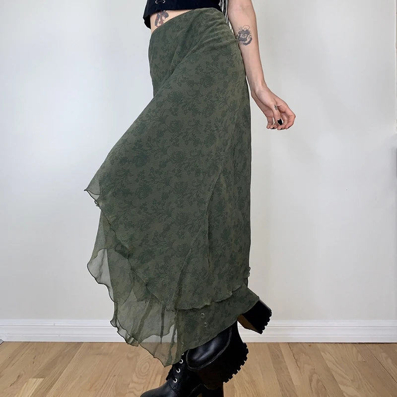 Elegant Floral Print Midi Skirt - High Waist Irregular Hem Ruffled Retro Skirt for Y2K Fairycore Grunge Style