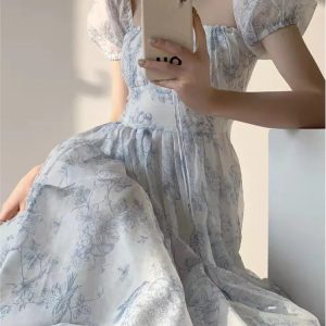 Elegant Floral Printed A-line Summer Dress with Off Shoulder Square Collar for Women