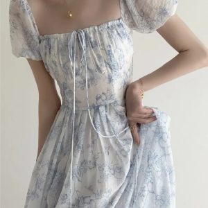 Elegant Floral Printed A-line Summer Dress with Off Shoulder Square Collar for Women