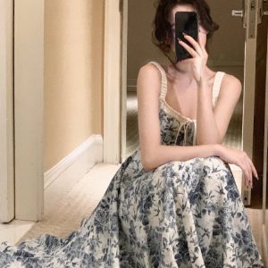 Elegant French Floral Strap Midi Dress - Sleeveless Summer Party Dress for Women, 2023 Casual Aesthetic