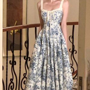 Elegant French Floral Strap Midi Dress - Sleeveless Summer Party Dress for Women, 2023 Casual Aesthetic