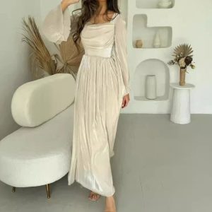 Elegant French Vintage Summer Dress with Square Neck, Flare Sleeves, and Pleated High Waist