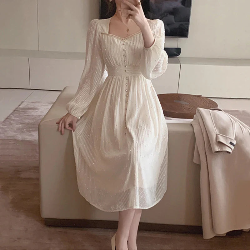 Elegant French Vintage White Midi Dress for Women - A-Line Long Sleeve Summer Party Fashion