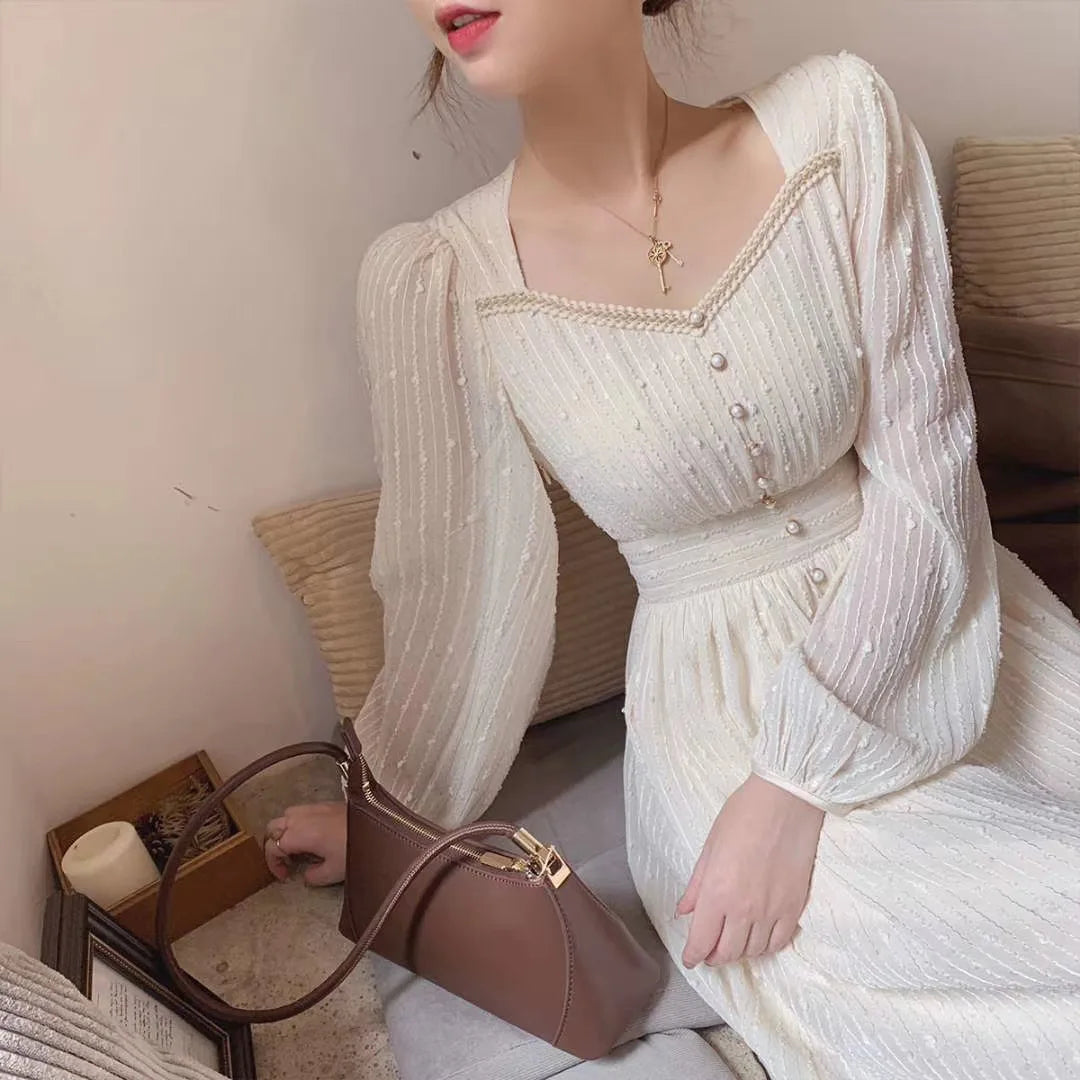 Elegant French Vintage White Midi Dress for Women - A-Line Long Sleeve Summer Party Fashion