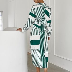 Elegant Green Diamond Print Long Sleeve V-Neck Midi Dress - A-Line Belted Y2K Style Vestidos