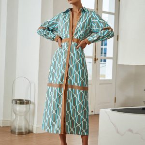 Elegant Green Diamond Print Long Sleeve V-Neck Midi Dress - A-Line Belted Y2K Style Vestidos