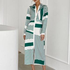 Elegant Green Striped Maxi Dress for Women - Y2K Summer Long Sleeve Shirt with Elastic Waist