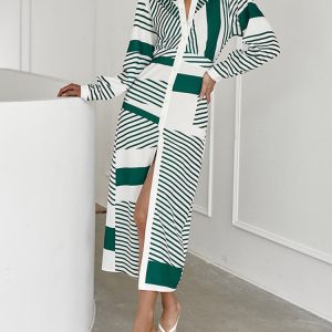 Elegant Green Striped Maxi Dress for Women - Y2K Summer Long Sleeve Shirt with Elastic Waist