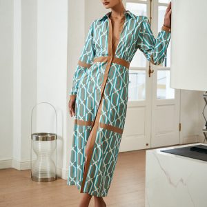 Elegant Green Striped Maxi Dress for Women - Y2K Summer Long Sleeve Shirt with Elastic Waist