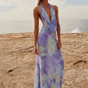 Elegant Halter Backless Maxi Dress with Straps and Matching Skirt for Summer Parties 2024