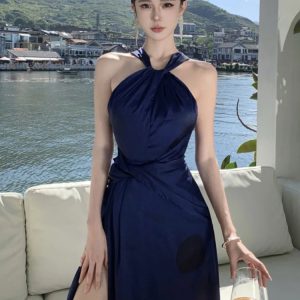 Elegant Halter High Split Maxi Dress for Women - Sleeveless Summer Evening Party Gown