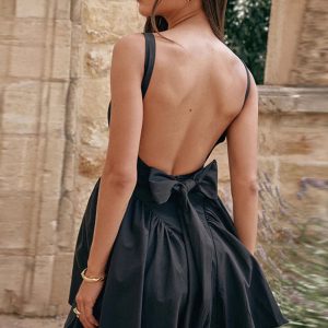 Elegant High Waist Bandage Backless Dress with Bow Splice and Folds - Y2K Street Style Dress