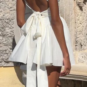 Elegant High Waist Bandage Backless Dress with Bow Splice and Folds - Y2K Street Style Dress