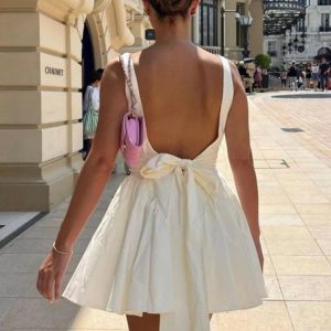 Elegant High Waist Bandage Backless Dress with Bow Splice and Folds - Y2K Street Style Dress