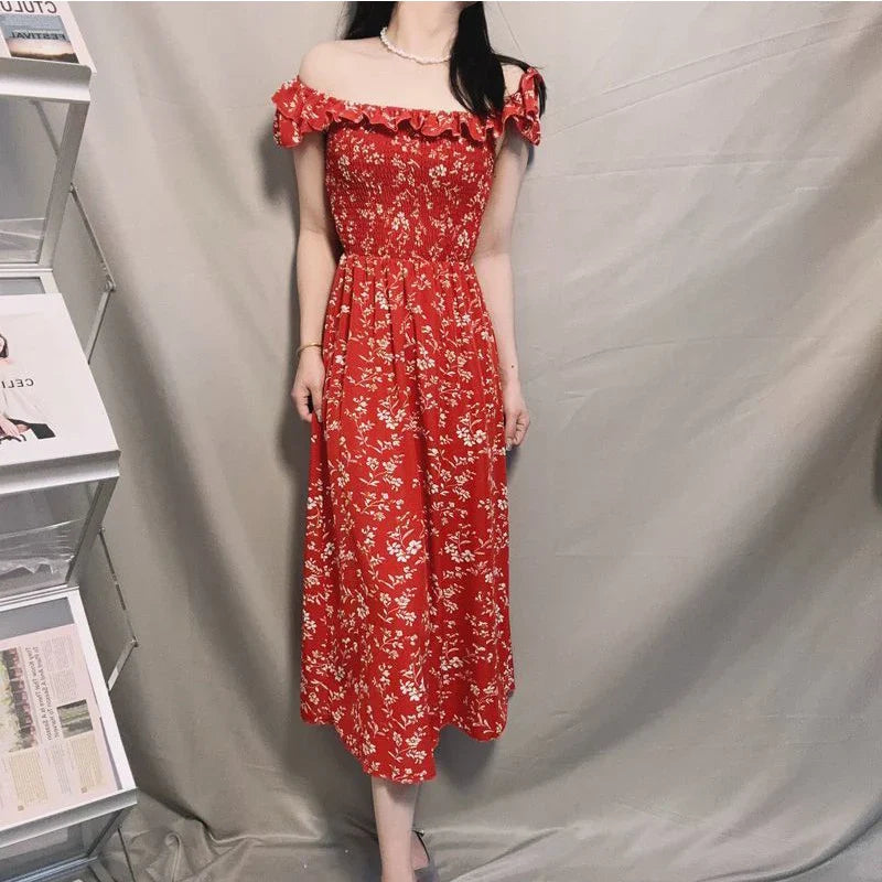 Elegant Kawaii Red Floral Dress - Korean Style with Waist Cinch for Spring/Summer 2024