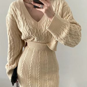 Elegant Knit Skirt Set for Women: Long Sleeve Sweater & High Waist Mini Skirt Outfit 2022