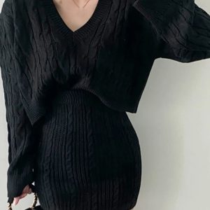 Elegant Knit Skirt Set for Women: Long Sleeve Sweater & High Waist Mini Skirt Outfit 2022