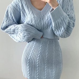 Elegant Knit Skirt Set for Women: Long Sleeve Sweater & High Waist Mini Skirt Outfit 2022