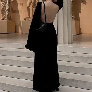 Elegant Knitted Backless Maxi Dress with Ruffled Lace-Up High Waist for Femme Party Style