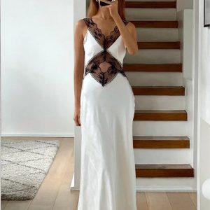 Elegant Lace Backless Maxi Dress for Women - V Neck Patchwork Fashion Print High Waist Party Dress