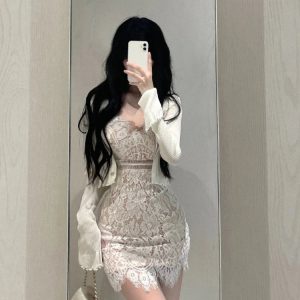 Elegant Lace Mini Dress with Short Cardigan - Y2K Inspired Casual Office Outfit for Fall 2024