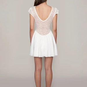 Elegant Lace Splice V-Neck Mini Dress for Women - Short Sleeve Bodycon Party Outfit