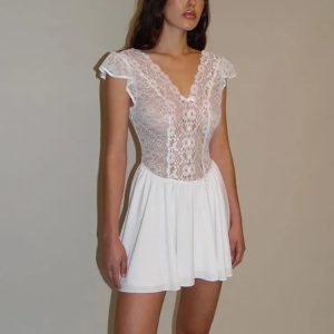 Elegant Lace Splice V-Neck Mini Dress for Women - Short Sleeve Bodycon Party Outfit