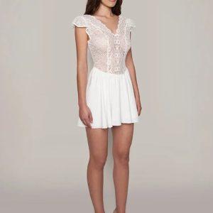 Elegant Lace Splice V-Neck Mini Dress for Women - Short Sleeve Bodycon Party Outfit