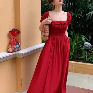 Elegant Lace-Up Midi Dress for Women - Vintage Solid Short Sleeve A-Line Party Dress