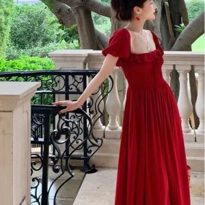 Elegant Lace-Up Midi Dress for Women - Vintage Solid Short Sleeve A-Line Party Dress