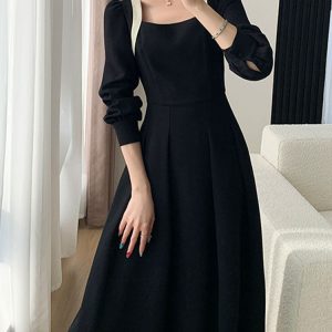 Elegant Long Sleeve A-Line Streetwear Dress with Square Collar and Zipper - 2023 Spring/Summer Fashion