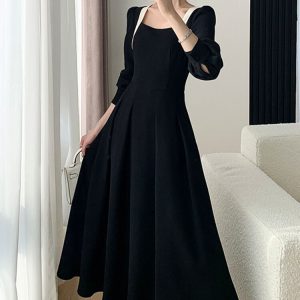 Elegant Long Sleeve A-Line Streetwear Dress with Square Collar and Zipper - 2023 Spring/Summer Fashion