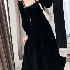 Elegant Long Sleeve Streetwear Dress for Women - French Style Solid Square Collar 2023 Spring Summer