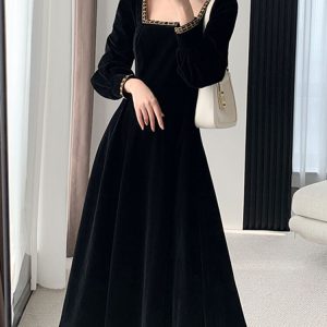 Elegant Long Sleeve Streetwear Dress for Women - French Style Solid Square Collar 2023 Spring Summer