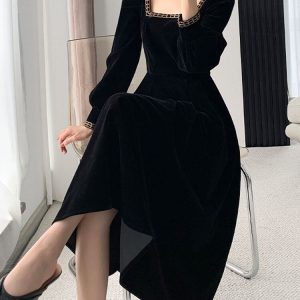 Elegant Long Sleeve Streetwear Dress for Women - French Style Solid Square Collar 2023 Spring Summer