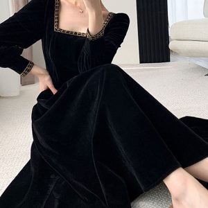 Elegant Long Sleeve Streetwear Dress for Women - French Style Solid Square Collar 2023 Spring Summer