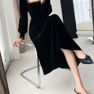 Elegant Long Sleeve Streetwear Dress for Women - French Style Solid Square Collar 2023 Spring Summer