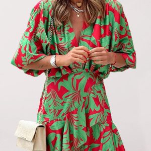 Elegant Lotus Leaf Dress with Printed Deep V and Puff Sleeves for Y2K Fashion Lovers