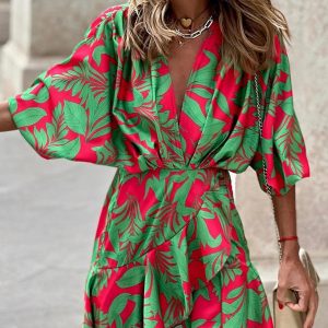 Elegant Lotus Leaf Dress with Printed Deep V and Puff Sleeves for Y2K Fashion Lovers