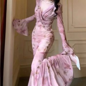 Elegant Mermaid Flare Sleeve Bodycon Dress for Women - Vintage Sexy Evening Prom Robe